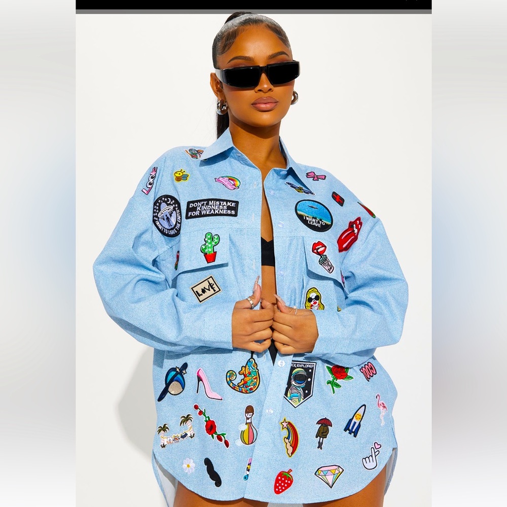 FASHION NOVA Brand New Unopened “Patch me up shirt dress Denim” Out of stock